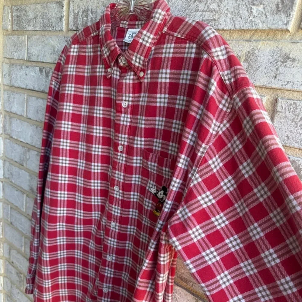 The Disney Store Embroidered Mickey Check Flannel Button Up Shirt Mens Size XL